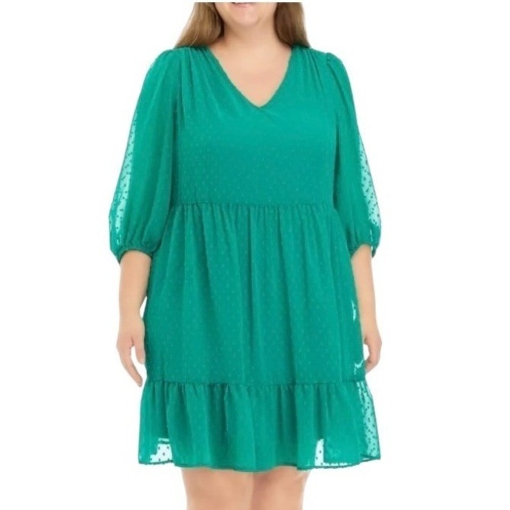 52seven Babydoll Dress Womens‎ 1X Green Swiss Dot V-Neck Ruffle Hem 3/4 Sleeve